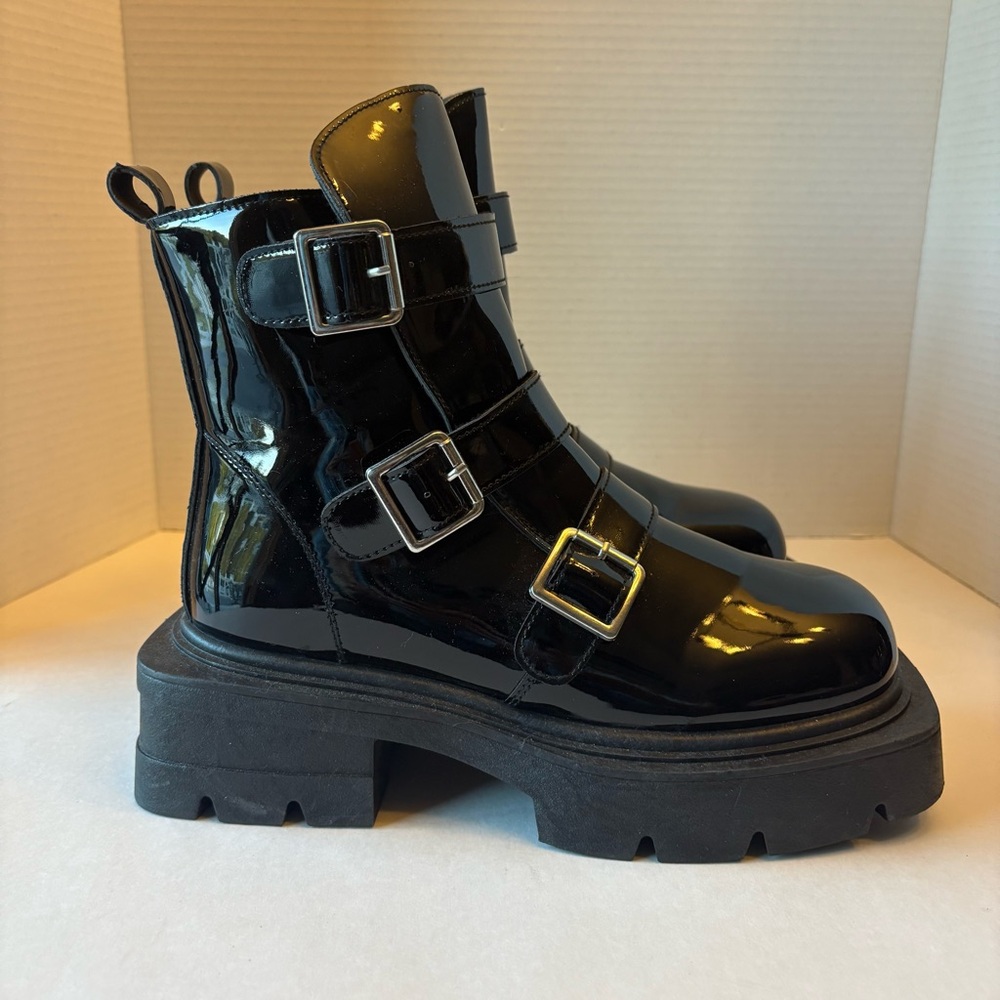 Rouge Helium Black Patent Leather Platform Combat Women's Boots, size 8 - Picture 4 of 10
